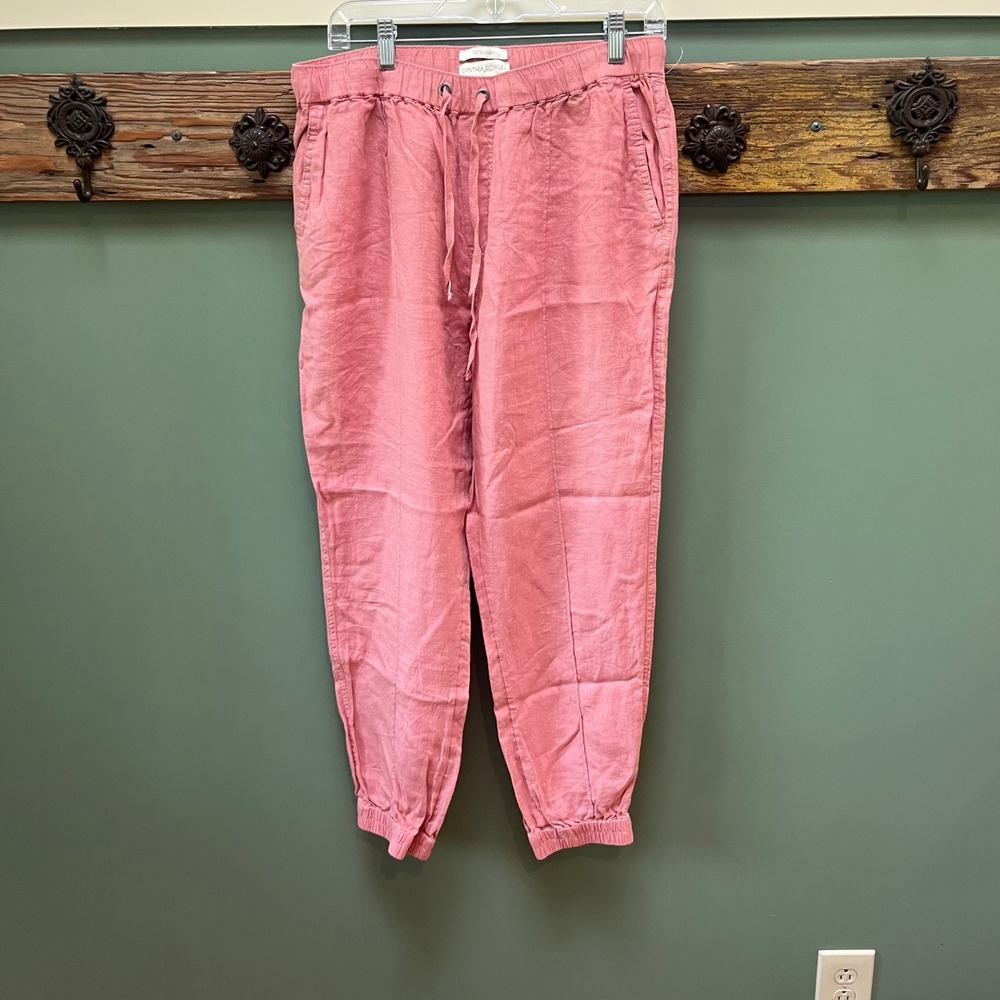Cynthia Rowley Large Pink 100% Linen Jogger Pants Elastic Drawstring Waist